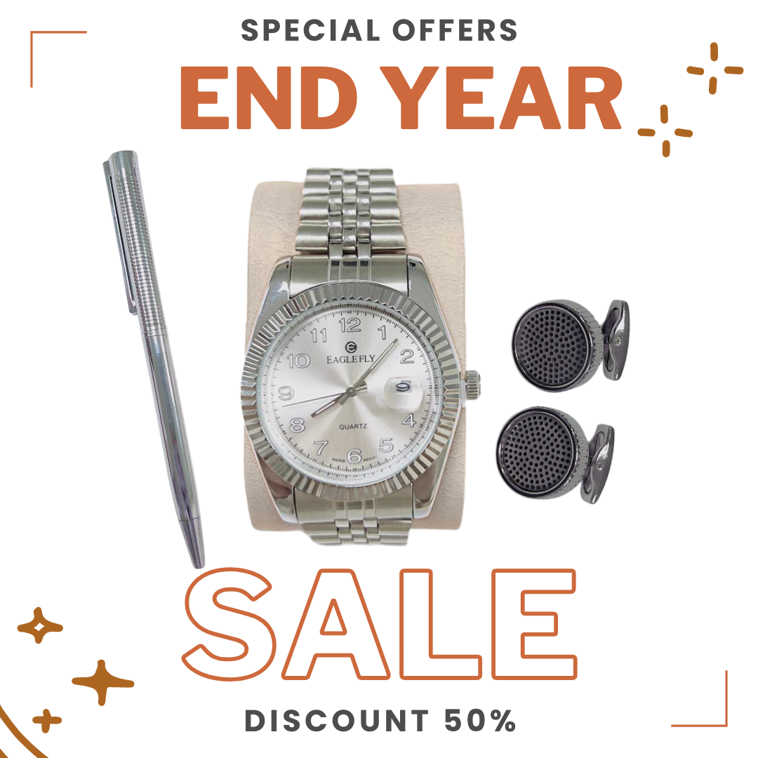 Luxury Men’s Set – Elegant Watch with Cufflinks and a Refined Metal Pen