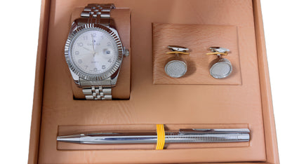 Luxury Men’s Set – Elegant Watch with Cufflinks and a Refined Metal Pen