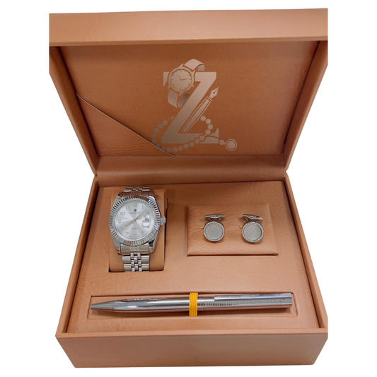 Luxury Men’s Set – Elegant Watch with Cufflinks and a Refined Metal Pen